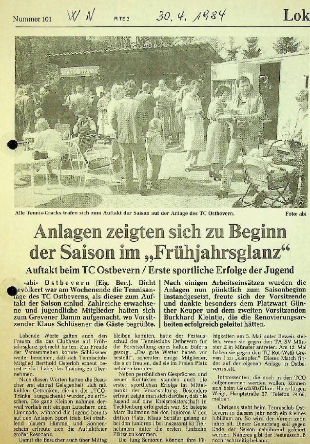 Saisonauftakt: Anlagen zeigten sich zu Beginn der Saison im „Frühjahrsglanz“. Erste sportliche Erfolge der Jugend. WN vom 30.04.